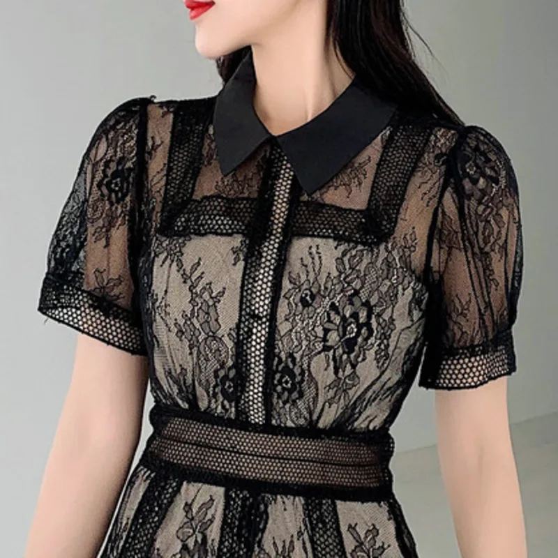2021 Summer New Sexy Perspective Elegant Temperament Feminine Lapel Black Short Sleeve Pleated Robes Mini Dress Vestido De Mujer 
2021 Summer New Sexy Perspective Elegant Temperament Feminine Lapel Black Short Sleeve Pleated Robes Mini Dress Vestido De Mujer