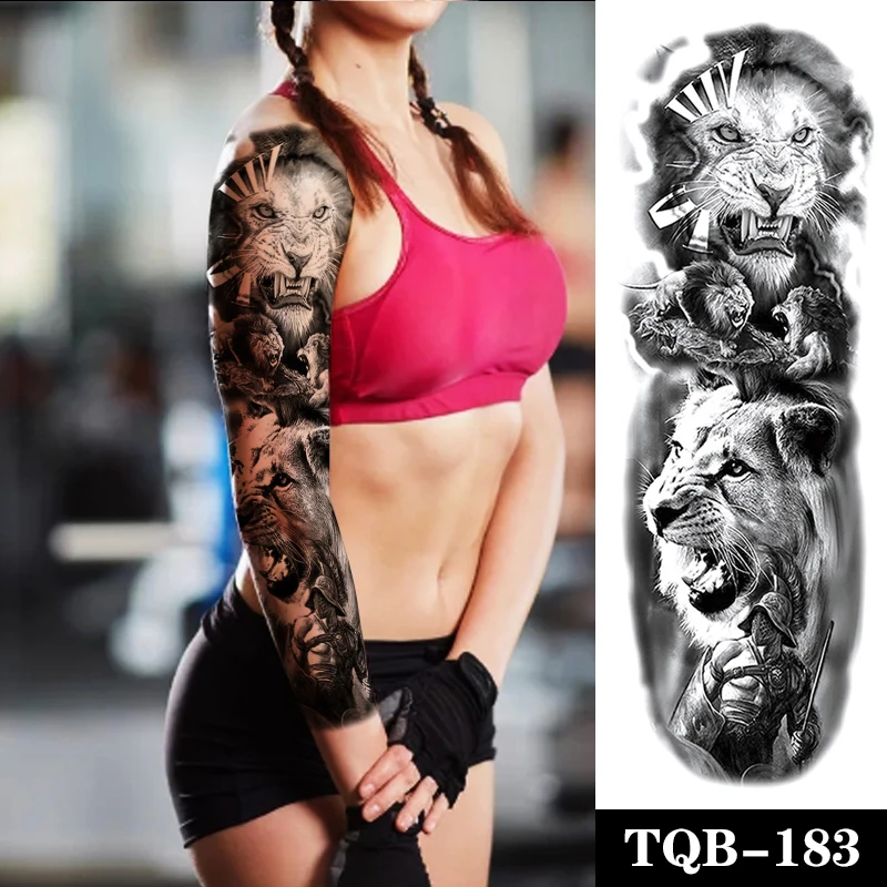 

Full Arm Tattoo Clock Forest Lion Warrior Aircraft Mask Waterproof Temporary Tatto Sticker Cross Body Art Fake Tatoos Women Men