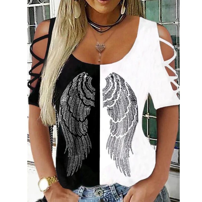 Fashion Patchwork Wing Prined V-Neck Strapless Short Sleeve T-Shirts Spring Hollow Out Womens Shirts Tops Clothing 5XL Plus Size
Fashion Patchwork Wing Prined V-Neck Strapless Short Sleeve T-Shirts Spring Hollow Out Womens Shirts Tops Clothing 5XL Plus Size
