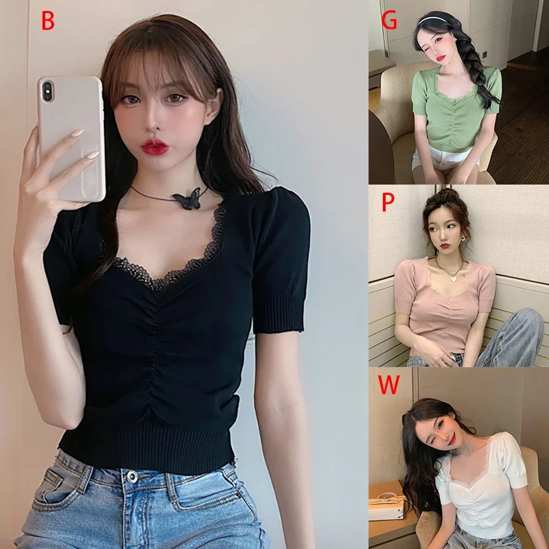 2020 Stitching Lace Sexy Top Girls Puff Sleeve Short T-Shirts Knit One Size Casual Solid Knitted V-neck T-Shirts
2020 Stitching Lace Sexy Top Girls Puff Sleeve Short T-Shirts Knit One Size Casual Solid Knitted V-neck T-Shirts