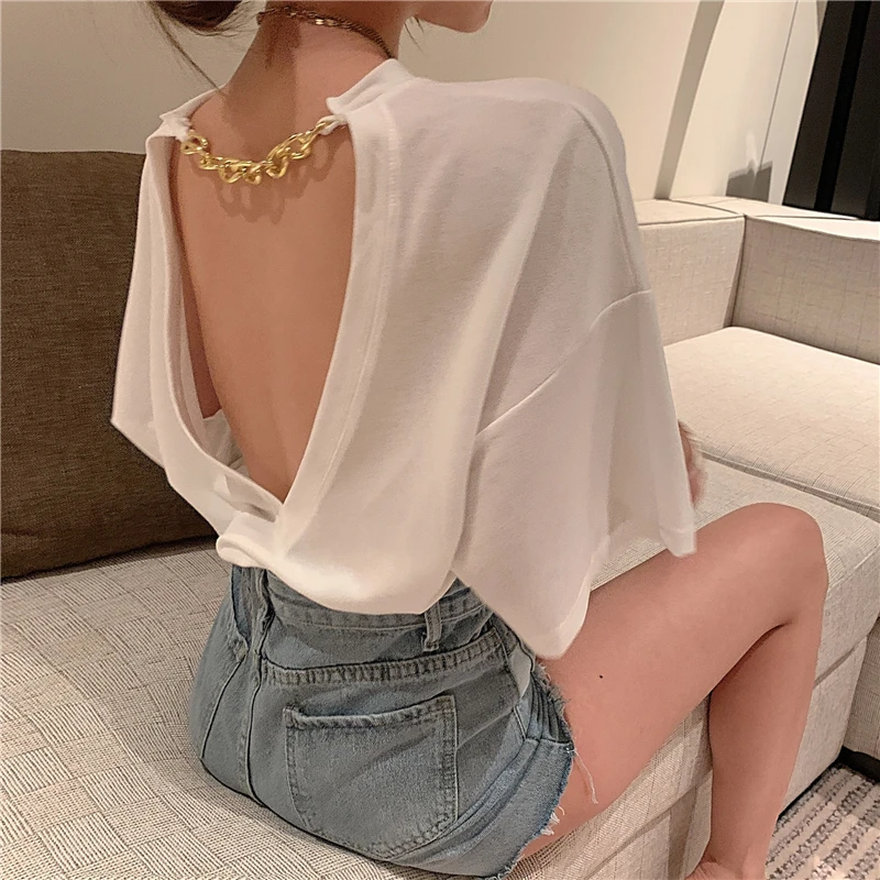 2021 Fashion Spring new Sexy Backless Loose Short Sleeve Chain Tops Tshirt Hollow Big Open Back Casual Temperament Women Clothes
2021 Fashion Spring new Sexy Backless Loose Short Sleeve Chain Tops Tshirt Hollow Big Open Back Casual Temperament Women Clothes