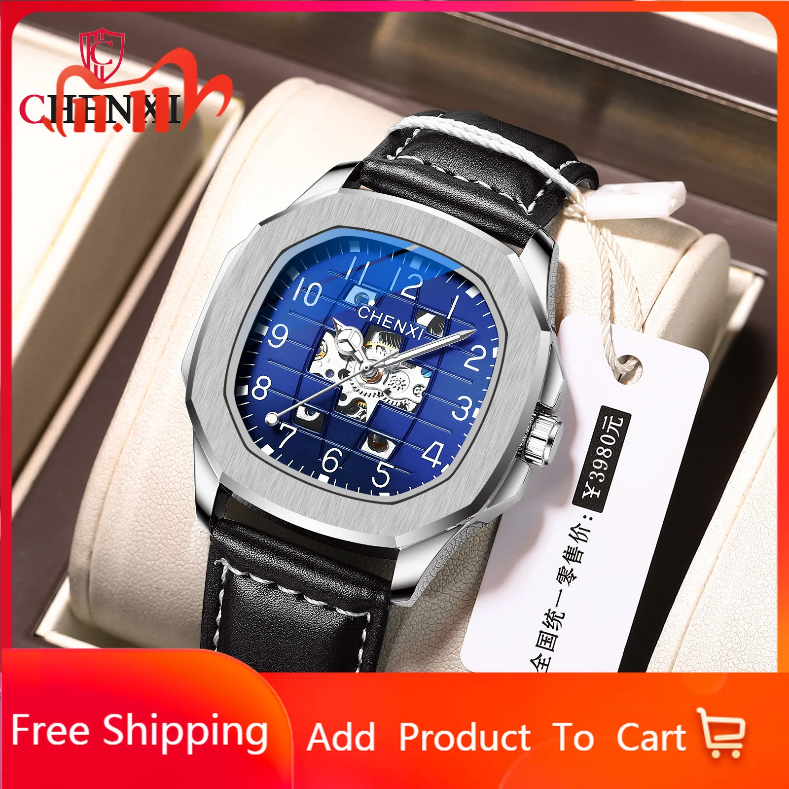 Chenxi New Genuine Leather High-End Square Mechanical Watch Men's Waterproof Luminous Automatic Hollow Mechanical Watch
Chenxi New Genuine Leather High-End Square Mechanical Watch Men's Waterproof Luminous Automatic Hollow Mechanical Watch