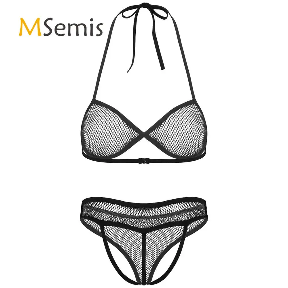 Womens See Through Fishnet Lingerie Set Halter Neck Deep V Bikini Bra Top with High Waist Crotchless Open Butt G-string Briefs
Womens See Through Fishnet Lingerie Set Halter Neck Deep V Bikini Bra Top with High Waist Crotchless Open Butt G-string Briefs