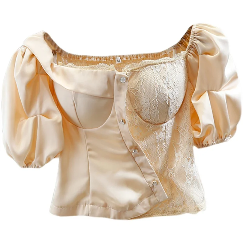 Elegant Crop Top Women Pleated Retro Puff Sleeve Off-Neck Lace Stitching Irregular Slim-Fit Short Blouse Lady Shirt
Elegant Crop Top Women Pleated Retro Puff Sleeve Off-Neck Lace Stitching Irregular Slim-Fit Short Blouse Lady Shirt