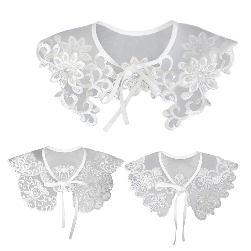 

Sweet Sheer Organza Fake Collar Shawl Wrap Embroidery Floral Lace Sequins Beading Necklace Lapel Half Shirt Mini Capelet