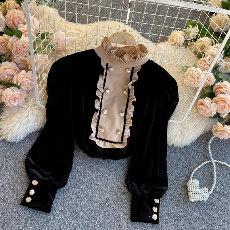 Autumn Winter Vintage Velvet Clothes Patchwork Ruffled Blouses Women Fashion Oversize Stand Collar Ladies Tops Shirts Women New
Autumn Winter Vintage Velvet Clothes Patchwork Ruffled Blouses Women Fashion Oversize Stand Collar Ladies Tops Shirts Women New