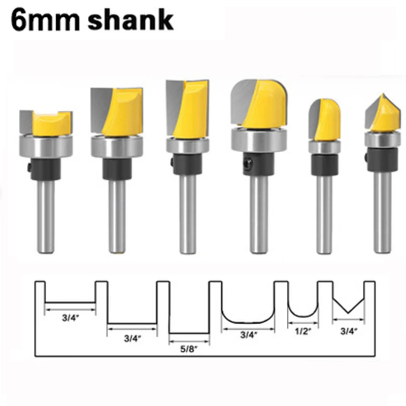 6PC 1/4" 6mm Shank Pattern Bit Flush Trim Straight with Bearing Hinge Mortising Router Wood Trimmer Cutter C06 C07
6PC 1/4" 6mm Shank Pattern Bit Flush Trim Straight with Bearing Hinge Mortising Router Wood Trimmer Cutter C06 C07