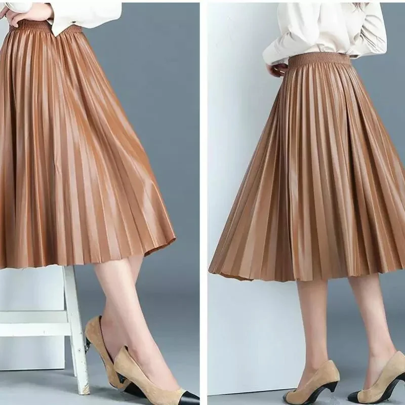 

Женская плотная зимняя плиссированная юбка средней длины из искусственной кожи с высокой талией, юбка до середины икры в стиле ретро