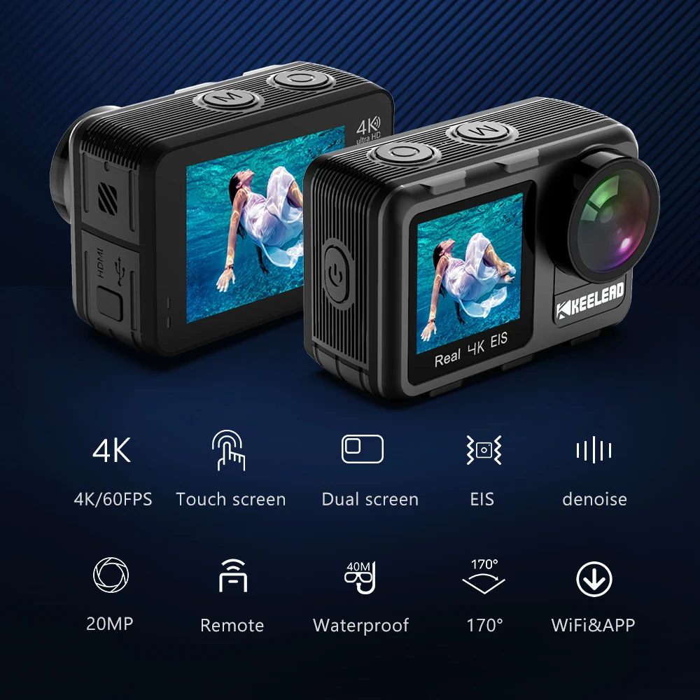 

Экшн-камера KEELEAD K80, 4K, 60 кадров/с, EIS, 5-40 м, водонепроницаемая, 20 МП, 2,0 дюйма, сенсорный ЖК-дисплей 1,4 дюйма, веб-камера с двойным экраном, Wi-Fi, Спо...