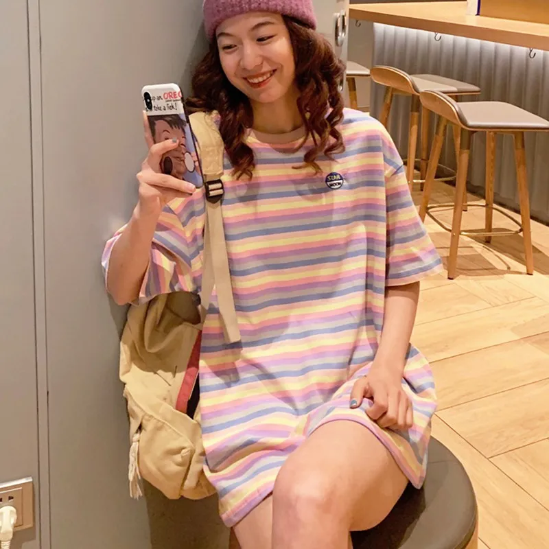 Summer Pluis Size T Shirts For Women New Rainbow Striped Tops Fashion Wild Round Neck Short Sleeve Tee New
Summer Pluis Size T Shirts For Women New Rainbow Striped Tops Fashion Wild Round Neck Short Sleeve Tee New