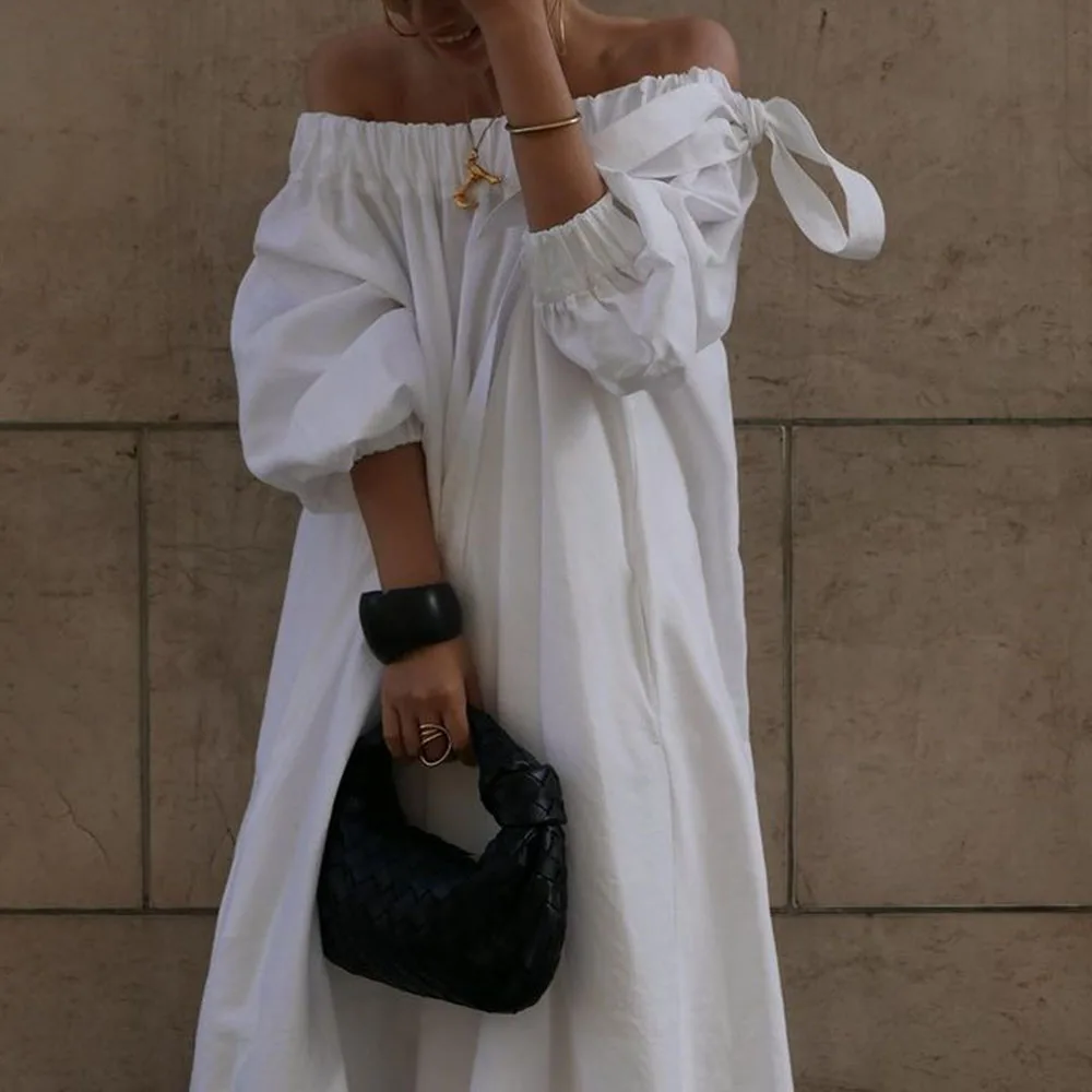 Dress Off Shoulder Long-sleeved Maxi Length Ladies Fashion A-line Dressing Pullover Plain 2021 New Style White Color Loose Slim
Dress Off Shoulder Long-sleeved Maxi Length Ladies Fashion A-line Dressing Pullover Plain 2021 New Style White Color Loose Slim
