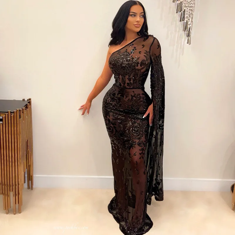 2022 Hot Recommend Style European And American Sheer Mesh Sequins One Shoulder Flare Sleeve Sheath Dresses Elegant For Women
2022 Hot Recommend Style European And American Sheer Mesh Sequins One Shoulder Flare Sleeve Sheath Dresses Elegant For Women