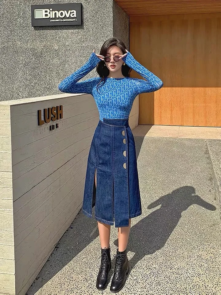 Women Elegant Blue A- Line Mid-calf Skirt Lady Fashion Irregular Split Hem High Waist All-match Denim Skirt 2021 Spring
Women Elegant Blue A- Line Mid-calf Skirt Lady Fashion Irregular Split Hem High Waist All-match Denim Skirt 2021 Spring
