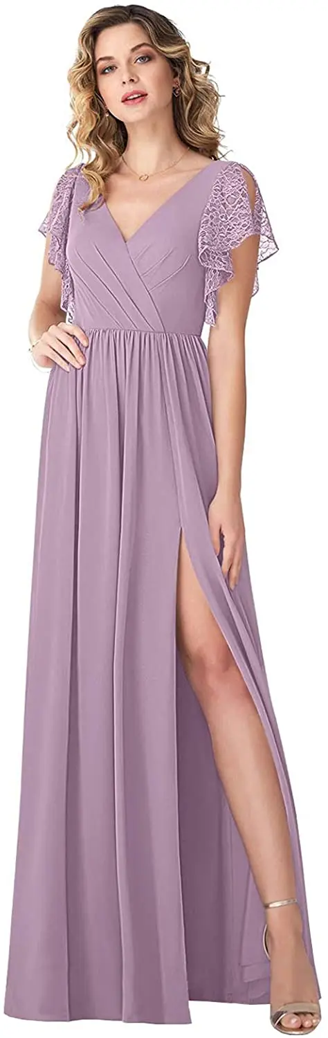 Women's Double V-Neck Lace Chiffon Bridesmaid Dress with Sleeves Long Split Front Formal Evening Gown Women Elegant 
Women's Double V-Neck Lace Chiffon Bridesmaid Dress with Sleeves Long Split Front Formal Evening Gown Women Elegant