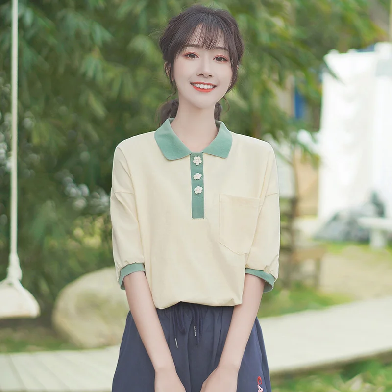 Polo Khaki Summer 2020 New Lapel Cute Polo Shirt College Style Contrast Color Top Loose Short Sleeve T-shirt Women's Clothing
Polo Khaki Summer 2020 New Lapel Cute Polo Shirt College Style Contrast Color Top Loose Short Sleeve T-shirt Women's Clothing