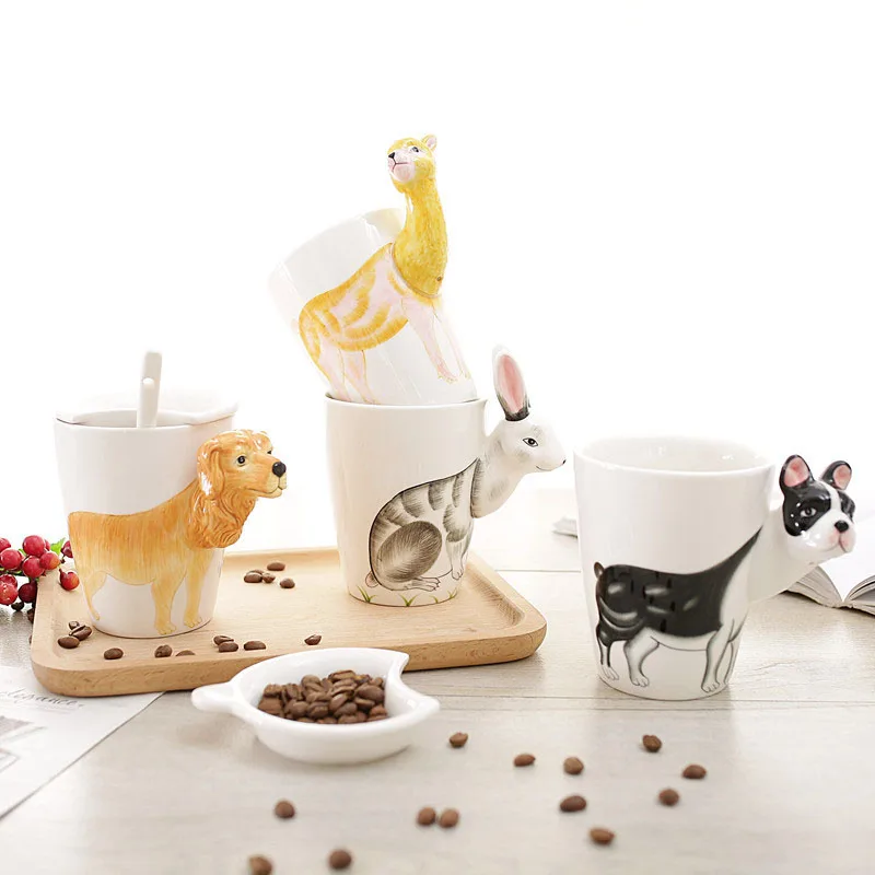 

3D Animal Mugs Ceramic Cartoon Water Cup Giraffe Piglet with Handle Hanging Spoon Home Milk Cofee Breakfast Large Capacity Cup