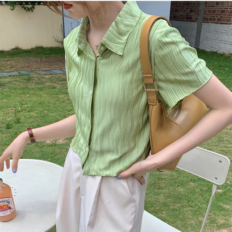 Korean Fashion Turn-down Collar Pleat Stretch Shirt Women High Street Solid Color Button Blouse Ladies Summer Chic Crop Top
Korean Fashion Turn-down Collar Pleat Stretch Shirt Women High Street Solid Color Button Blouse Ladies Summer Chic Crop Top