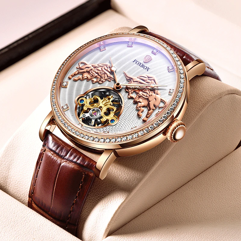 

FOXBOX мужские часы 2021 механические лучший бренд класса люкс Водонепроницаемый Tourbillon творчества кожаные спортивные наручные часы relogio