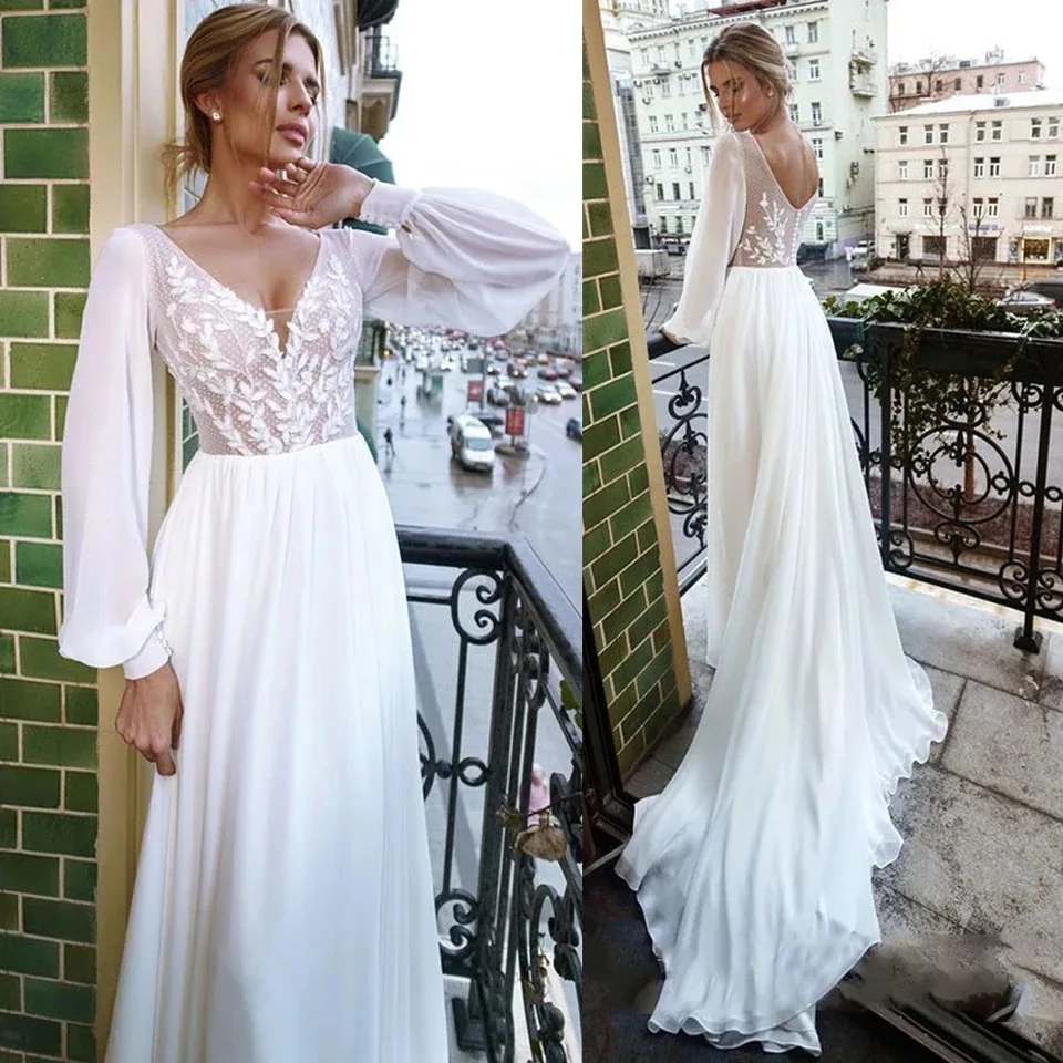 Charming Sweep Train Long Sleeve Wedding Dresses 2021 A-Line Sexy V-Neck Appliques Elegant Chiffon Bridal Gown Backless
Charming Sweep Train Long Sleeve Wedding Dresses 2021 A-Line Sexy V-Neck Appliques Elegant Chiffon Bridal Gown Backless