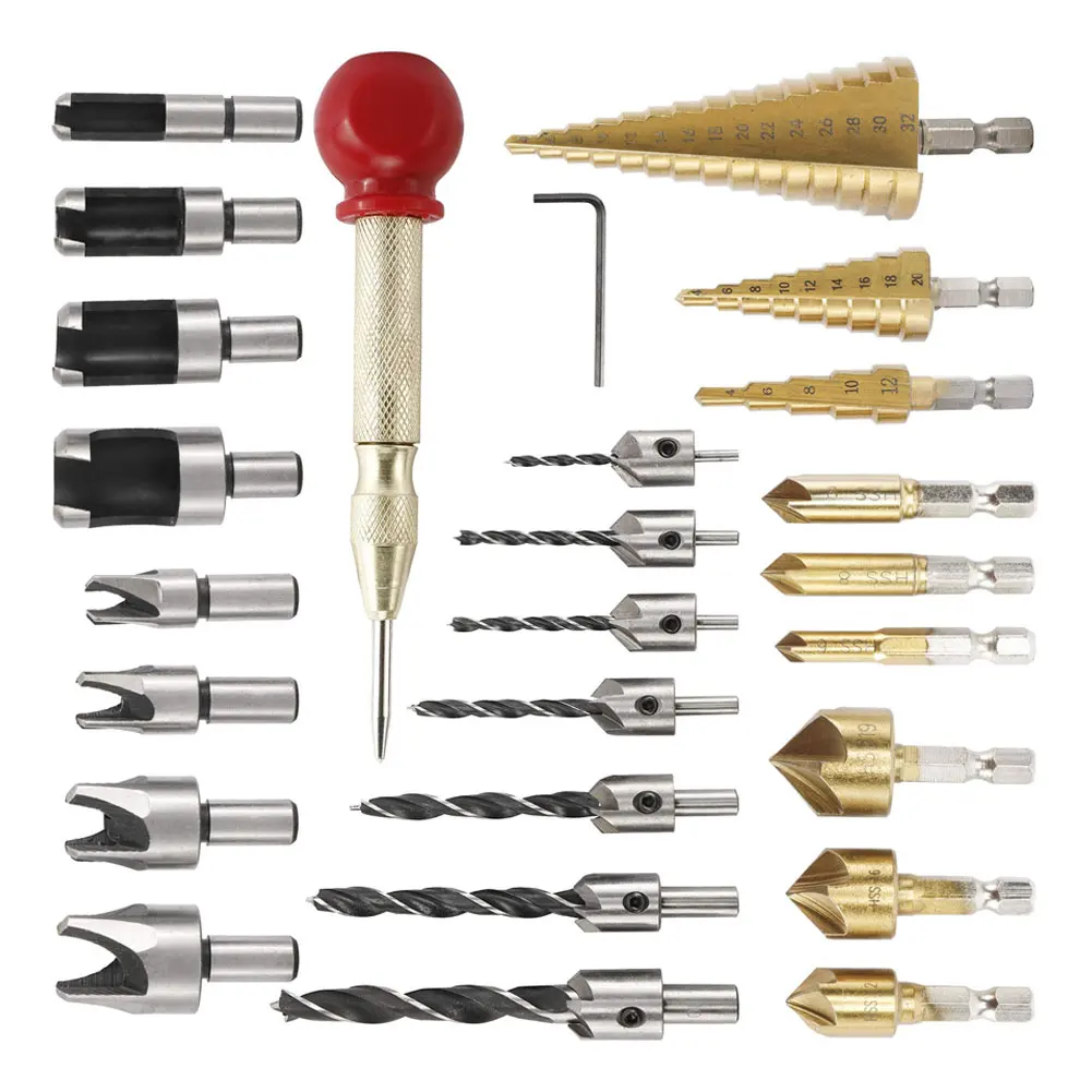26PCS Woodworking Chamfer Drilling Tools Steel Drill Bit Wood Plug Cutter Automatic Center Punch Kit With Titanium Coating
26PCS Woodworking Chamfer Drilling Tools Steel Drill Bit Wood Plug Cutter Automatic Center Punch Kit With Titanium Coating