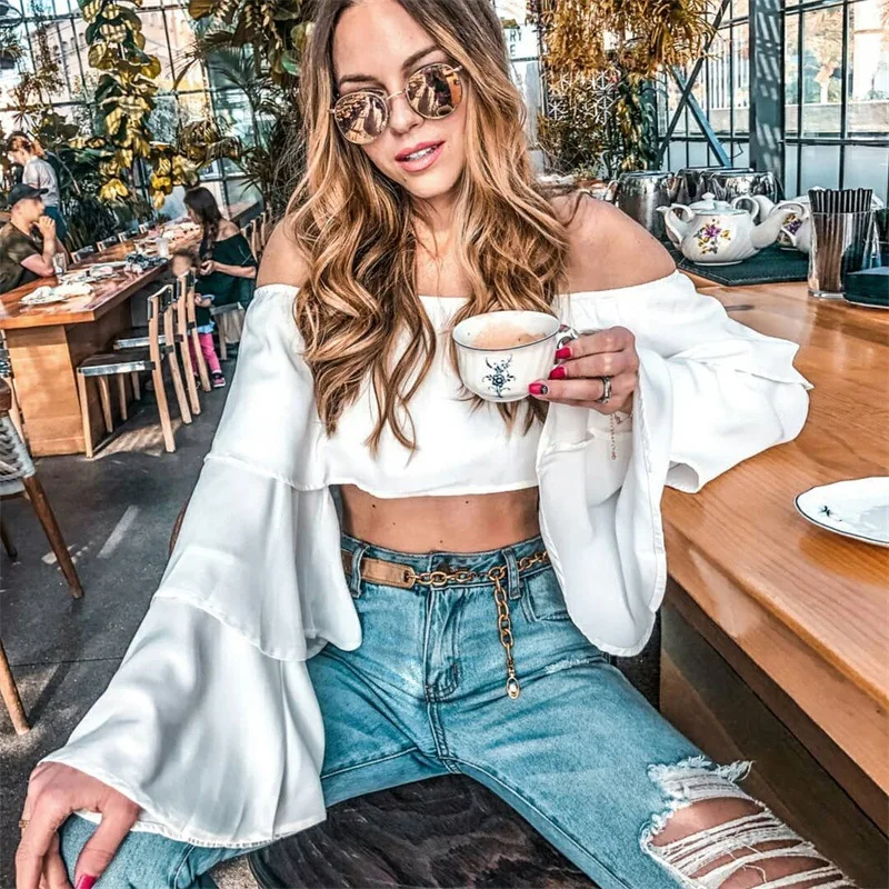 Womens Tops and Blouses Sexy white crop top Off Shoulder Ruff Sleeve Long Sleeve Ruffled Women Blouse Women Shirts clothing
Womens Tops and Blouses Sexy white crop top Off Shoulder Ruff Sleeve Long Sleeve Ruffled Women Blouse Women Shirts clothing