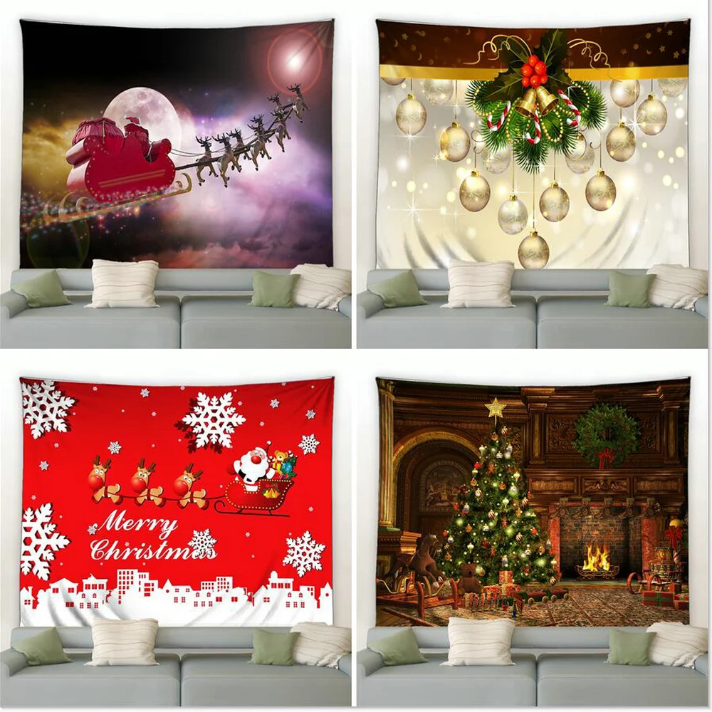 

Christmas Night Tapestry Santa Claus Xmas Tree Balls Fireplace Snowflakes Home Decor Wall Hanging for Dorm Bedroom Living Room