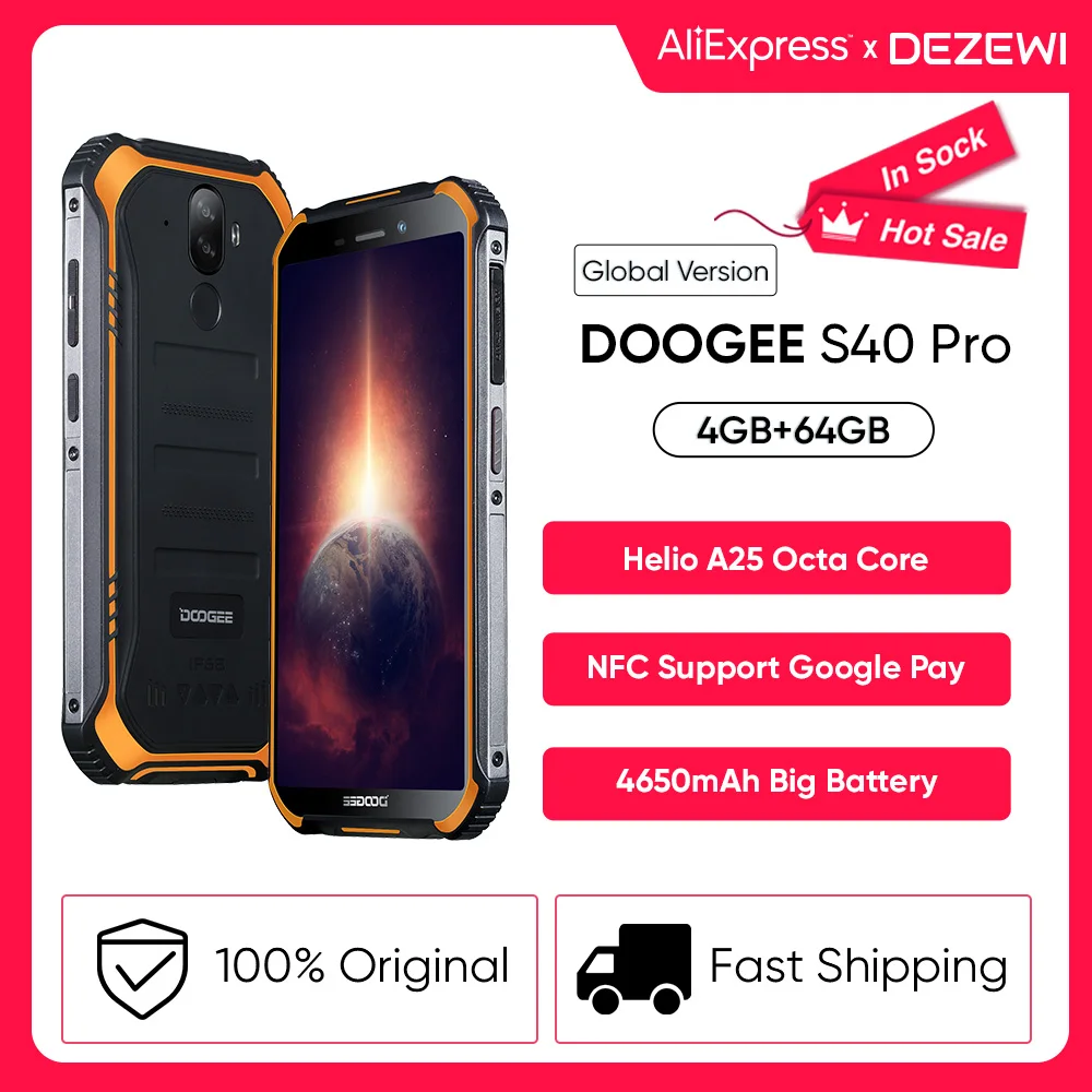 

DOOGEE S40 Pro Android 10 Rugged Mobile Phone IP68/IP69K 4GB RAM 64GB ROM Waterproof Smartphones Helio A25 Octa-core Cell phones