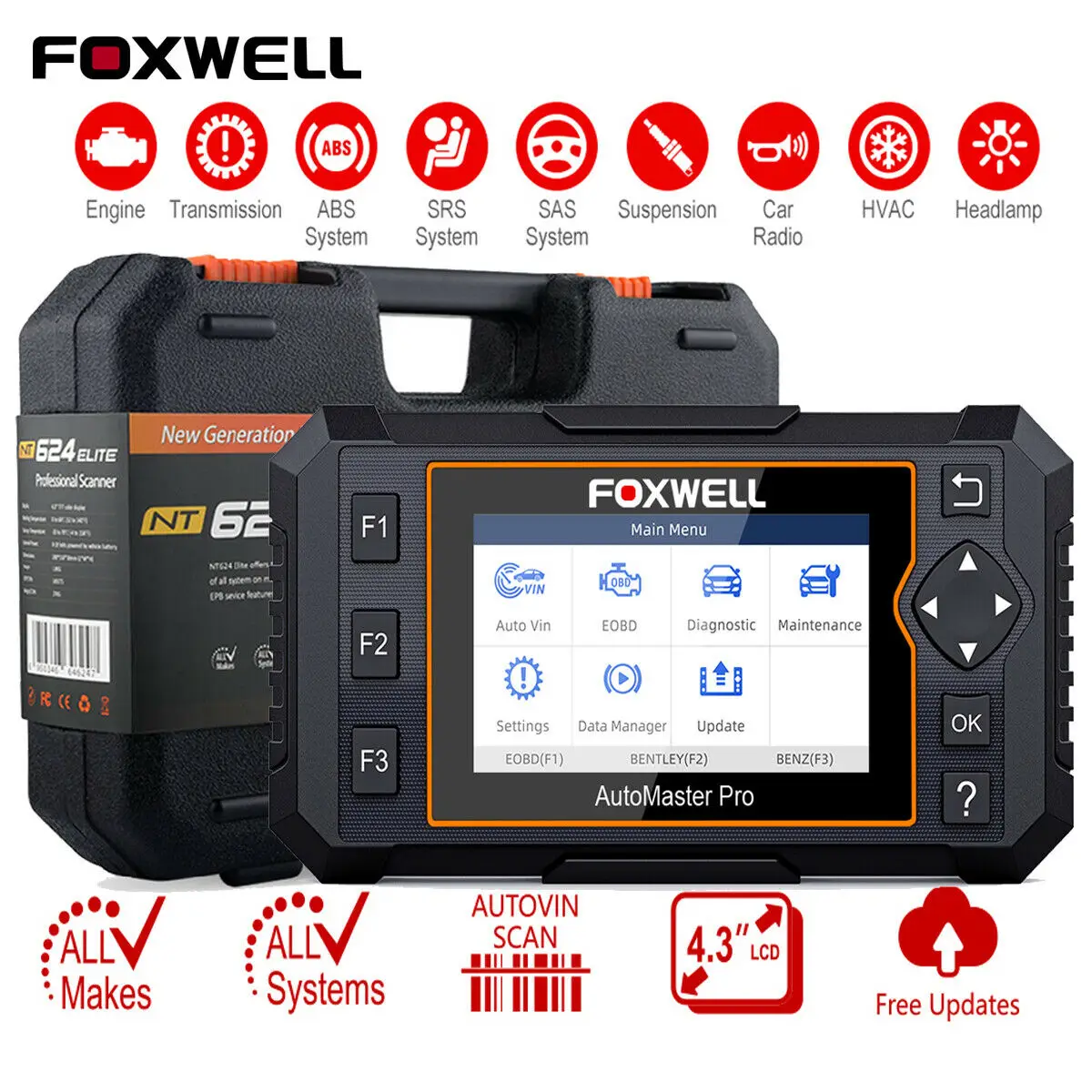 Foxwell NT624 Elite OBD2 Professional Diagnostic Scanner Engine Airbag Full System Full System EPB Oil Reset OBD 2 Code Reader
Foxwell NT624 Elite OBD2 Professional Diagnostic Scanner Engine Airbag Full System Full System EPB Oil Reset OBD 2 Code Reader