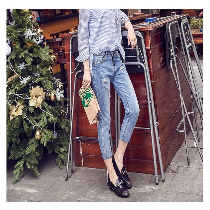 2021 Autumn New Fashion Thin High Waist Ripped Washed Ankle-length Pencil Pants Light Blue Trousers Cuffs Bleached Women Jeans
2021 Autumn New Fashion Thin High Waist Ripped Washed Ankle-length Pencil Pants Light Blue Trousers Cuffs Bleached Women Jeans