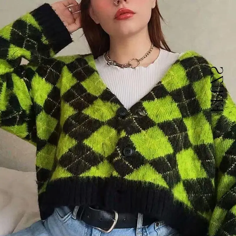 

SHZQ Vintage argyle knitted cardigans women sweaters kawaii mohair sweater winter korean sweater clothes new