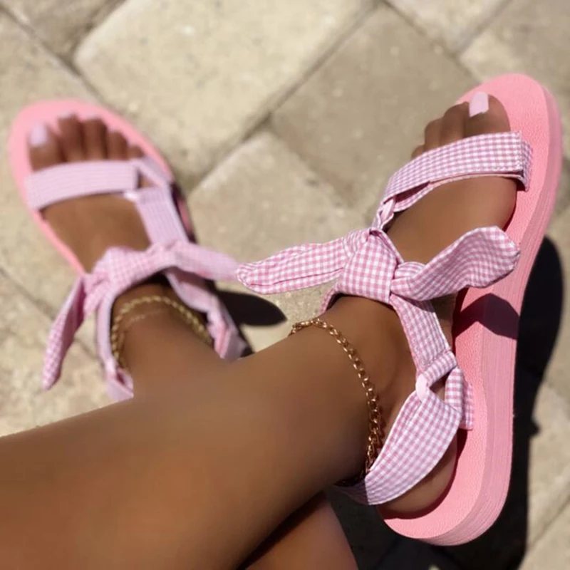 

Women Summer Beach Shoes Cute Tie Design Hook Loop Casual Women Flat Sandals Gingham Open Toe Shoes Velcro Sandalia Plataforma