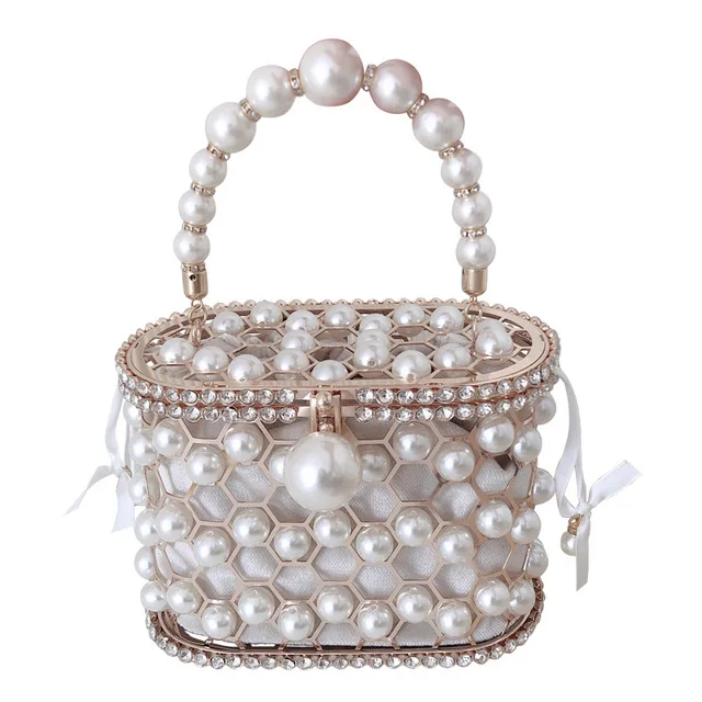

Bee In Fly New Openwork Basket Design Bucket Diamonds Pearls Portable Women's Luxury Party Handbags Evening Bag Cocktail Bag