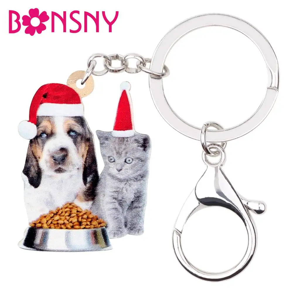 

Bonsny Acrylic Christmas Basset Hound Dog Cat Kitten Key chains Car Purse Bag Cute Pets Key Rings Charm Gift For Women Girl Lady