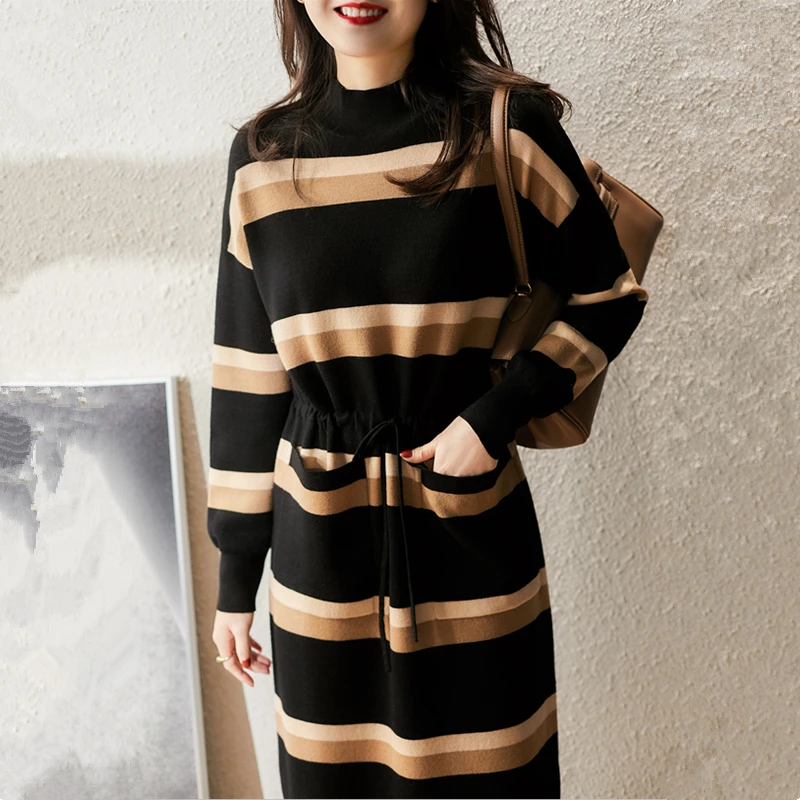 DF Autumn Women Sweater Dresses Retro High Collar Female Knitted Classic Leisure French Striped Drawcord Bottom Dress
DF Autumn Women Sweater Dresses Retro High Collar Female Knitted Classic Leisure French Striped Drawcord Bottom Dress