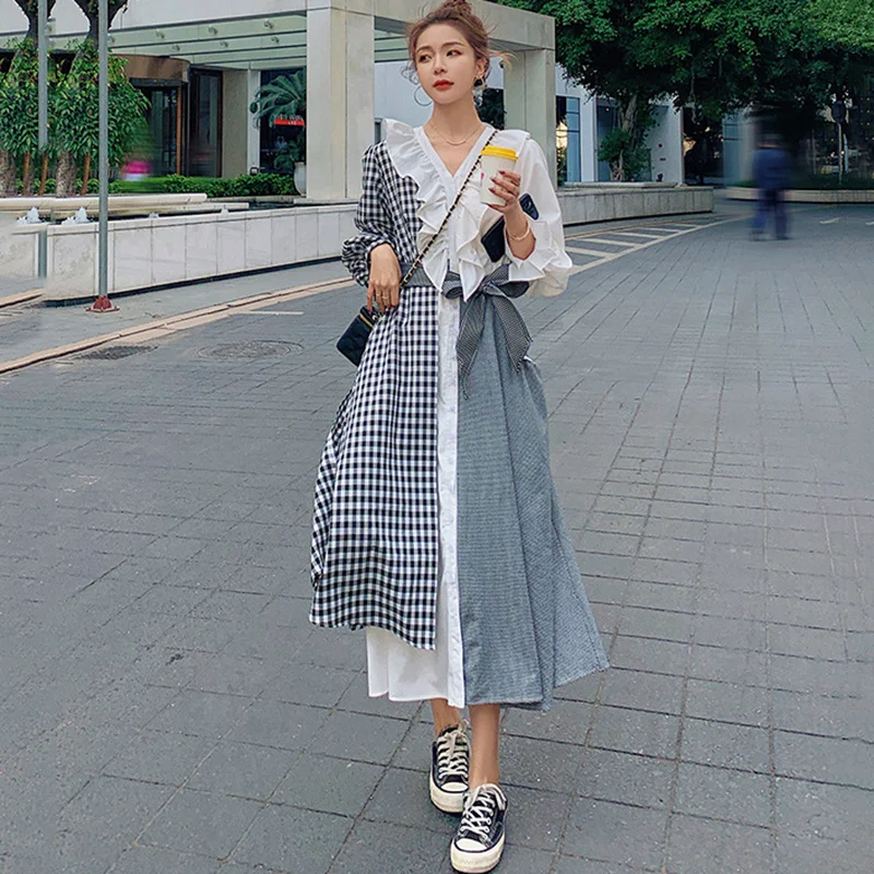 Long Summer Dress Female Korean Loose M-4XL Size Black White Plaid Ruffled Cotton High Waist Stitching Fashion Women's Dresses
Long Summer Dress Female Korean Loose M-4XL Size Black White Plaid Ruffled Cotton High Waist Stitching Fashion Women's Dresses