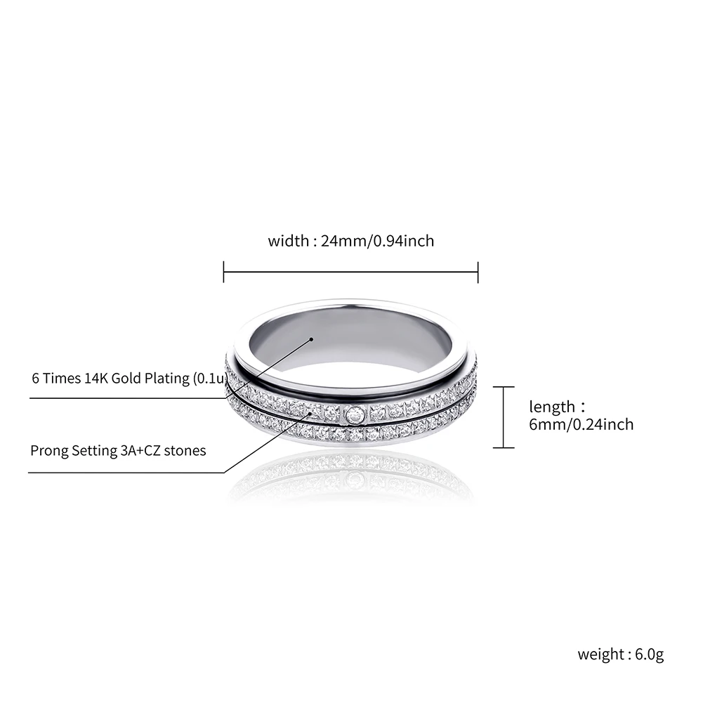 TOPGRILLZ 6 мм 2-рядное кольцо из нержавеющей стали с кубическим цирконием вращающееся
