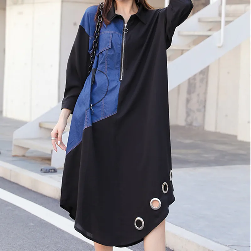 Spring And Autumn Office Lady Plus Size Loose Long Sleeve Thin Denim Turn-Down Collar Zipper Print Patchwork Irregular Dress
Spring And Autumn Office Lady Plus Size Loose Long Sleeve Thin Denim Turn-Down Collar Zipper Print Patchwork Irregular Dress