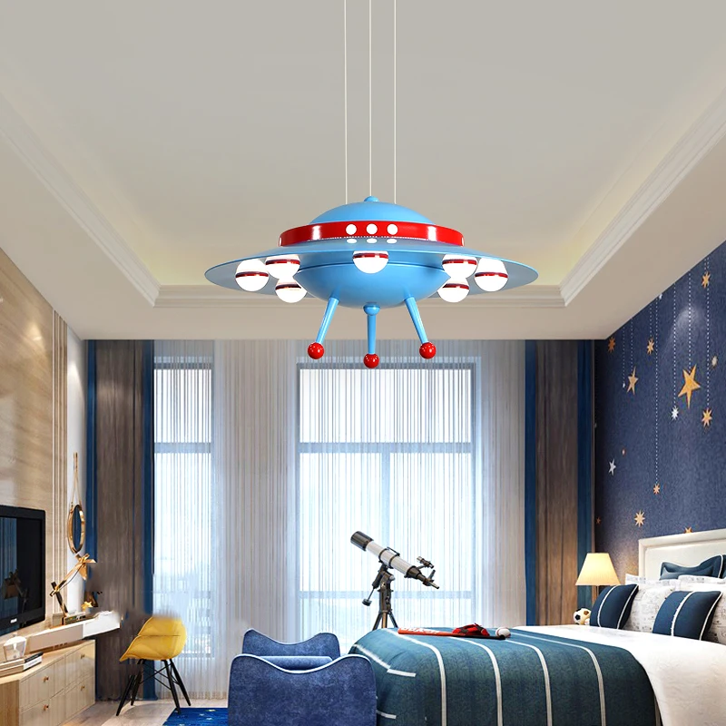 

2021 new boys' room lamp Mediterranean cartoon flying saucer chandelier Blue Boys' bedroom LED energy saving lamp