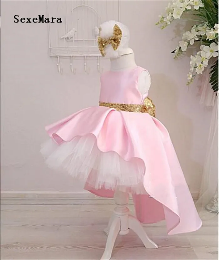 

New Pink High Low Flower Girl Dresses with Gold Sequined Bow Puffy Tutu 1st Baby Birthday Party Gown Kids Graduation Dresses