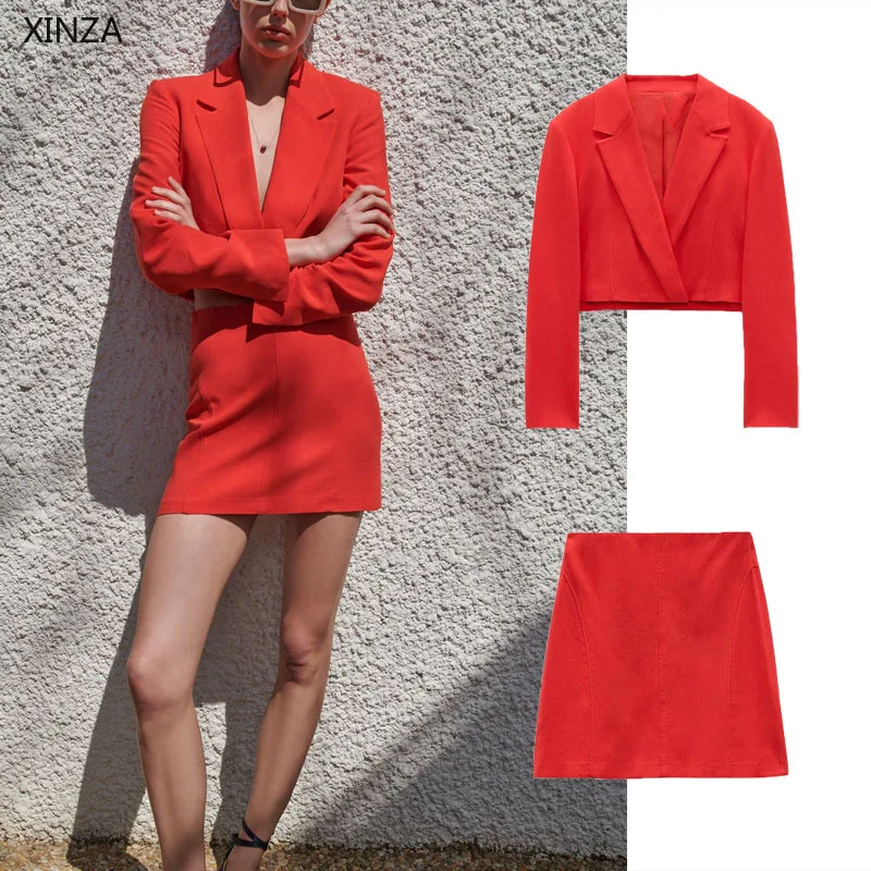 

Женский красный укороченный Блейзер Za, двубортный льняной пиджак с запахом и длинным рукавом, модная винтажная верхняя одежда, лето 2021