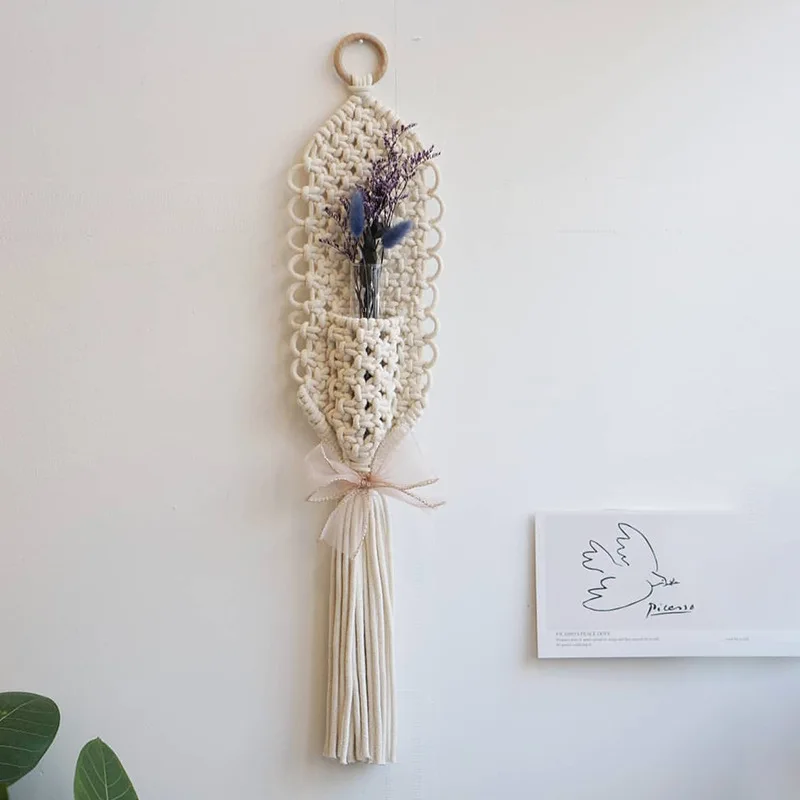 

Handmade Flower Basket Woven Macrame Wall Hanging Tapestry Dried Aesthetic Nordic Backdrop Boho Home Decoration Tapestries