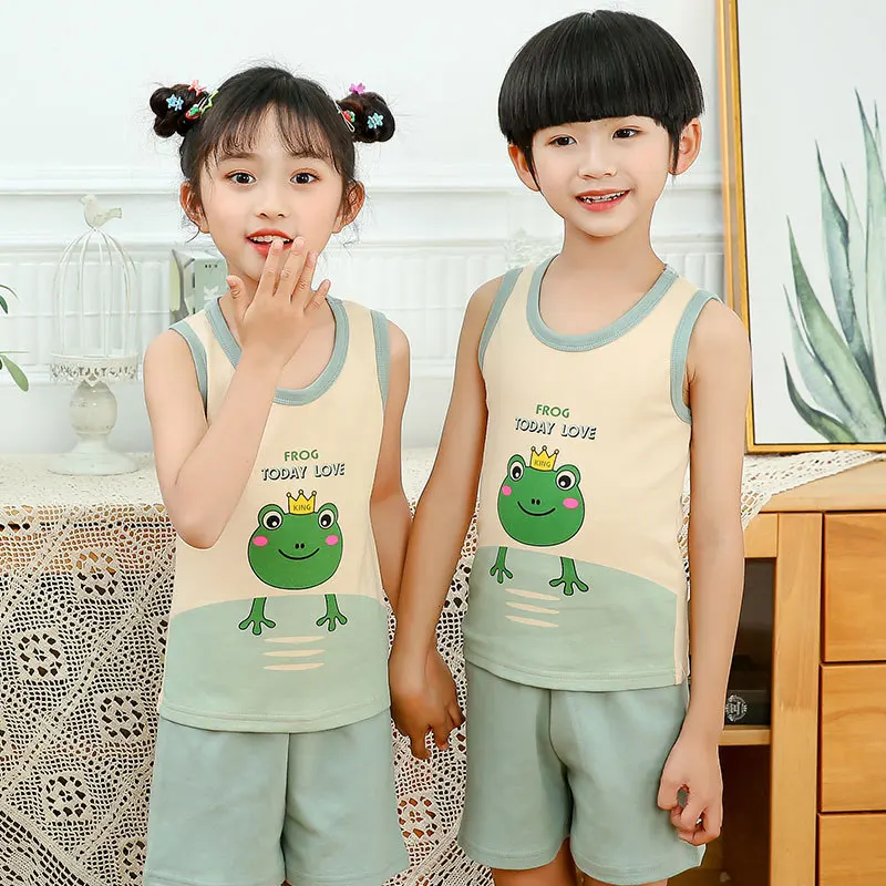 Girls Boys Summer Clothing Set Cotton Homewear Kids Clothes Tank tops T shirt Beach Shorts outfits Pyjamas For 2 4 6 8 10 Years | Детская