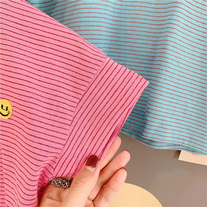 T-shirt Girl short-sleeved 2021 children's Clothing Summer New Candy Color Striped Smiley Loose Top Kids 19512
T-shirt Girl short-sleeved 2021 children's Clothing Summer New Candy Color Striped Smiley Loose Top Kids 19512