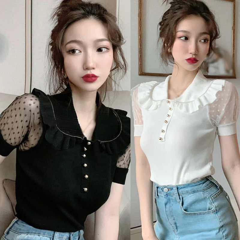 Women's Tops 2020 Summer Female Retro Doll Collar Solid Color Puff Sleeved Knitted Mesh Stiching Tops
Women's Tops 2020 Summer Female Retro Doll Collar Solid Color Puff Sleeved Knitted Mesh Stiching Tops
