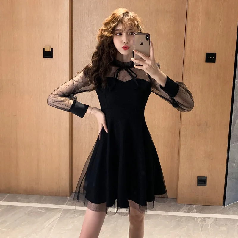 #5080 Black Spliced Mesh See Through Long Sleeved Sexy Party Club Mini Dress Women Vintage Casual Short A-line Dress Retro Tide
#5080 Black Spliced Mesh See Through Long Sleeved Sexy Party Club Mini Dress Women Vintage Casual Short A-line Dress Retro Tide