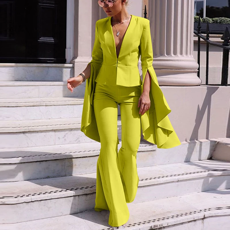 Fashion Office Lady Flare Pants Slim Fit Suits Autumn High Street Straight Matching Set Women Deep V Neck Solid Two Piece Set
Fashion Office Lady Flare Pants Slim Fit Suits Autumn High Street Straight Matching Set Women Deep V Neck Solid Two Piece Set
