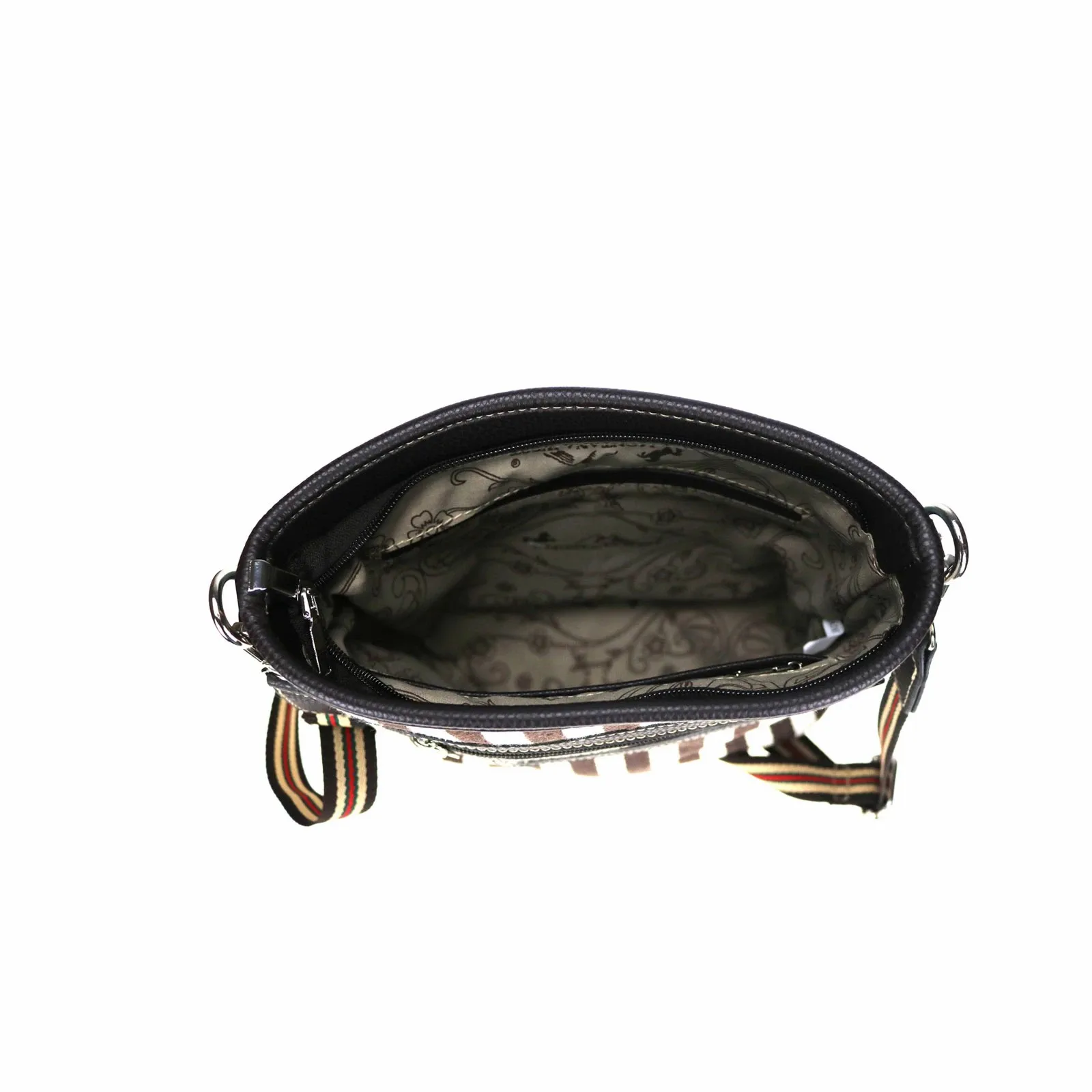 Sugar Skull Canvas Crossbody Black PU Leather Trimmed Women's Bag MW925-8360