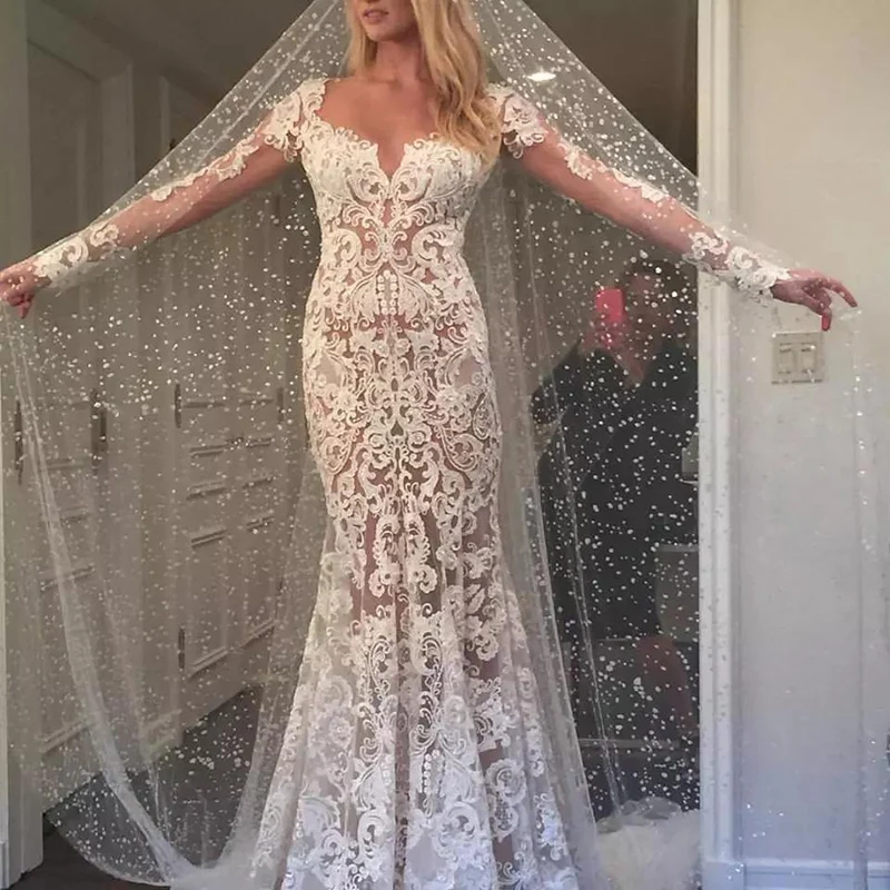 Hot Sale Charming Lace Mermaid Long Sleeve Bridal Wedding Gowns V Neckline See Through Back Wedding Dress for Bride 2020
Hot Sale Charming Lace Mermaid Long Sleeve Bridal Wedding Gowns V Neckline See Through Back Wedding Dress for Bride 2020