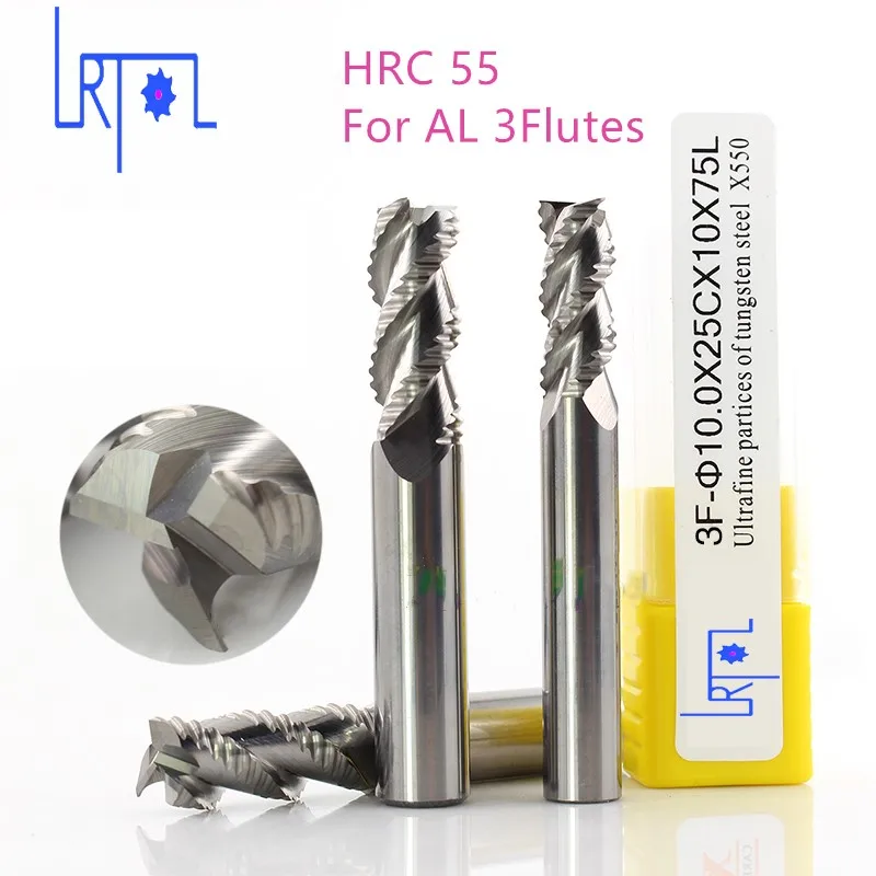 

hrc55 3Flutes 4 6 8 10 12 16 20mm*50 75 100mm Roughing End Mill for Aluminum Spiral Bit Milling Tools Carbide CNC End Mill