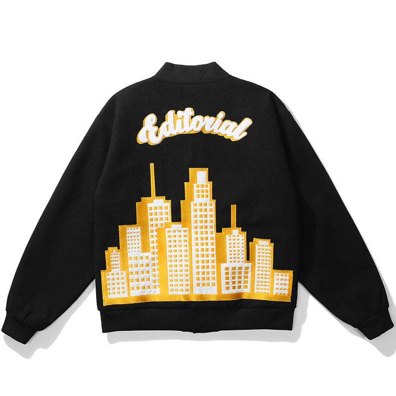 Mens Harajuku Building Embroidery Varsity Baseball Jacket Unisex Autumn Retro Bomber Jacket Oversize Streetwear Casaco Masculino
Mens Harajuku Building Embroidery Varsity Baseball Jacket Unisex Autumn Retro Bomber Jacket Oversize Streetwear Casaco Masculino